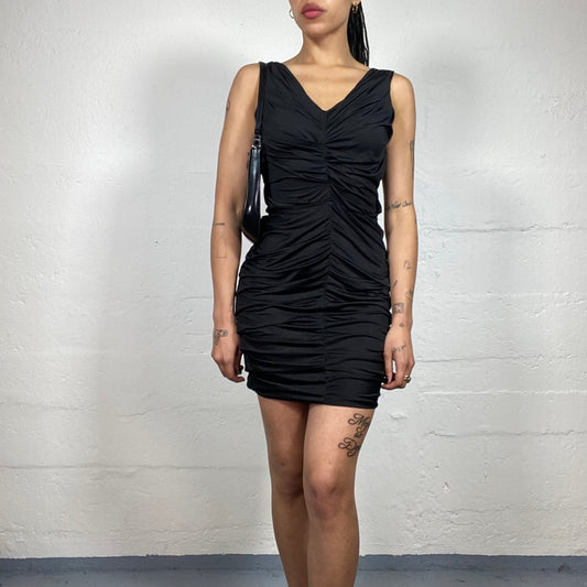 Vintage 2000's Night Out Black Mini Draped V-Cut Dress (XS)