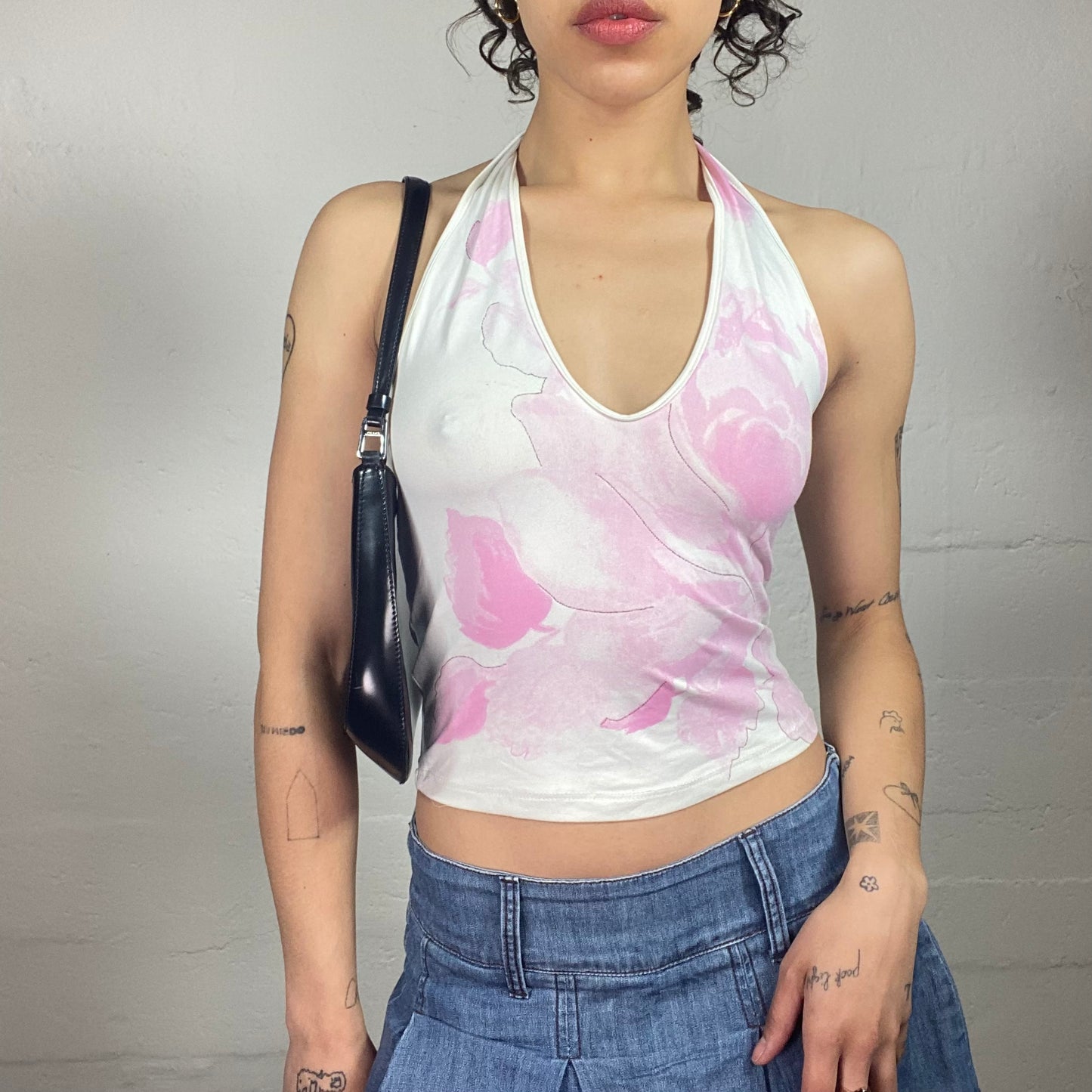 Vintage 2000's Cute Summer White Neckholder Top with Pink Floral Print (S)