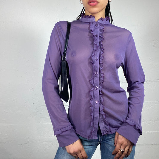 Vintage 2000's Romantic Purple Chiffon See Through Longsleeve Button Up Shirt With Ruffled Details (S)