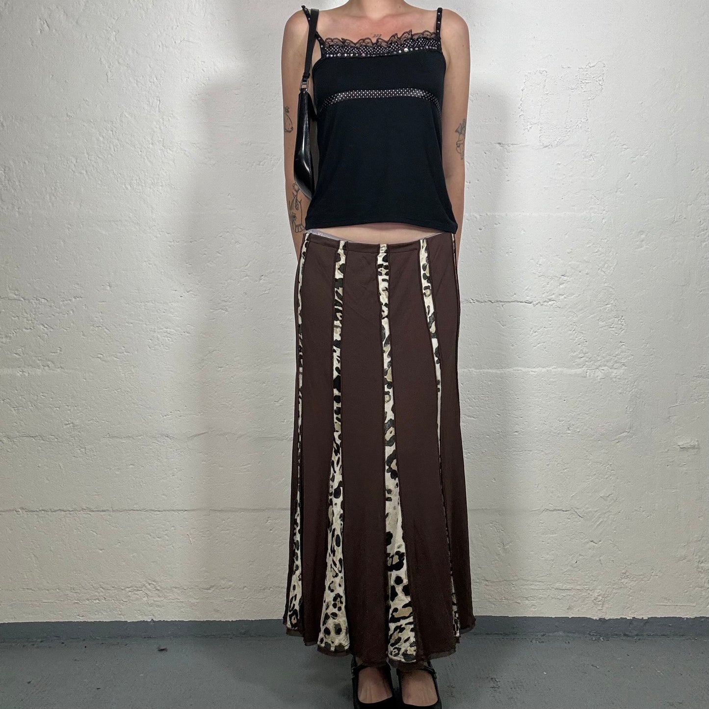 Vintage 2000's Romantic Brown Toned Leo Print Cut Ins Midi Skirt (L)