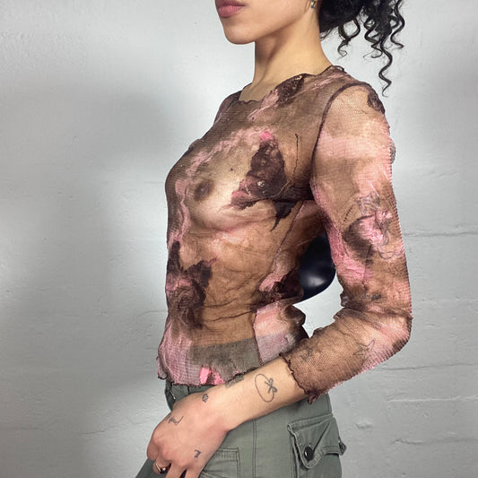 Vintage 2000's Romantic See-Through Brown Mesh Longsleeve Top with Butterfly Print and Pink Accents (S)