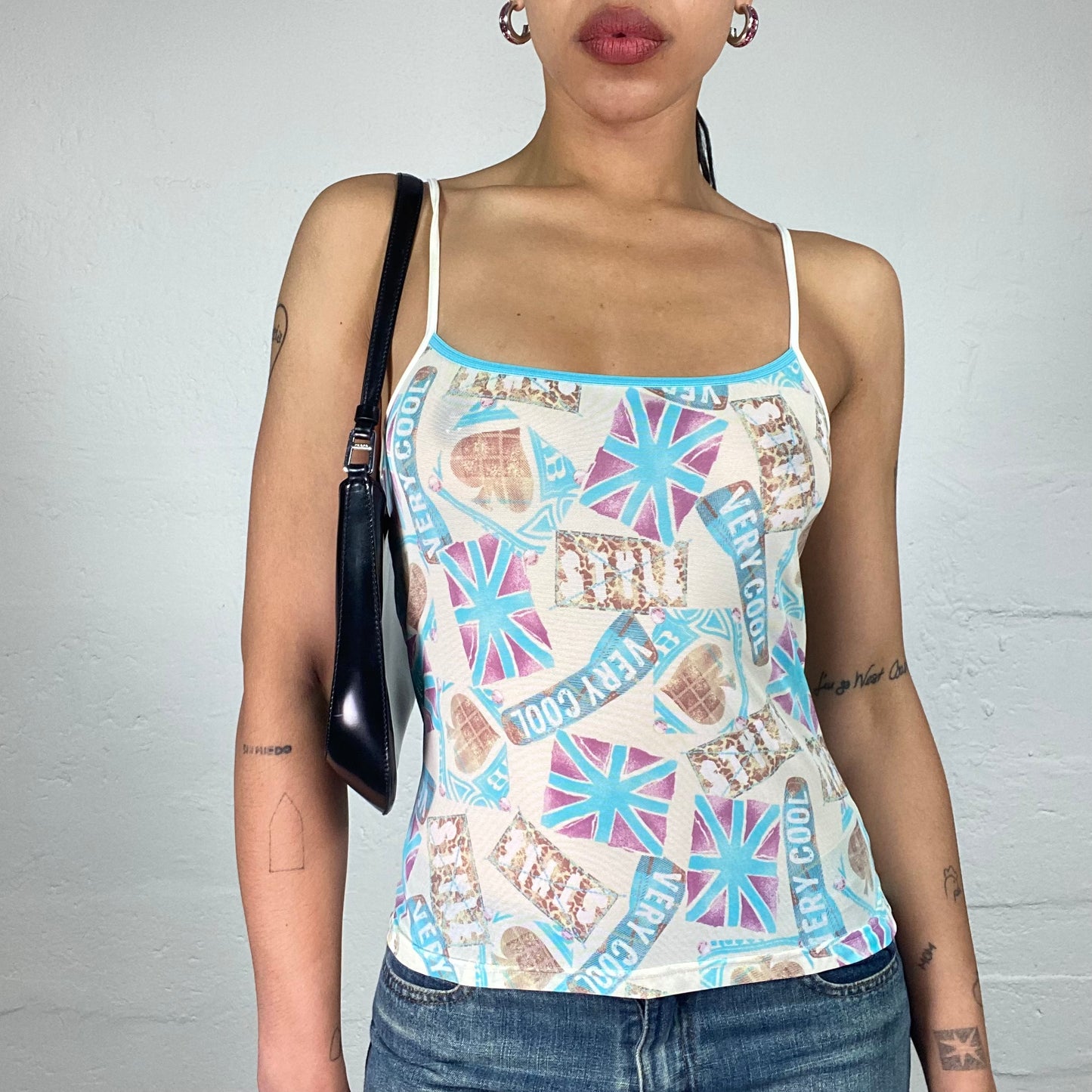 Vintage 2000's Downtown Girl Ivory Faded Effect Blue Toned Flags Print Cami Top (S)