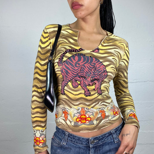 Vintage 2000's Cheetah Girl Multicoloured Longsleeve Cartoon Style Animal Printed Top (S)