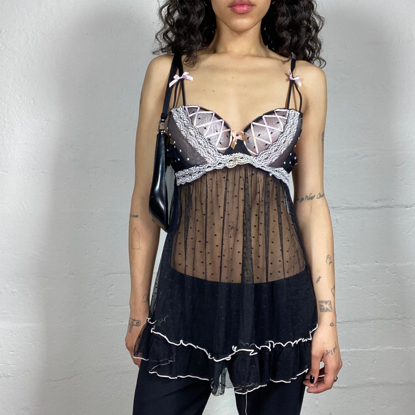 Vintage 2000's Coquette Black and Pink Mesh Polka Dot See Through Dress/Top with Embroidery Decorated Bra (S/M)