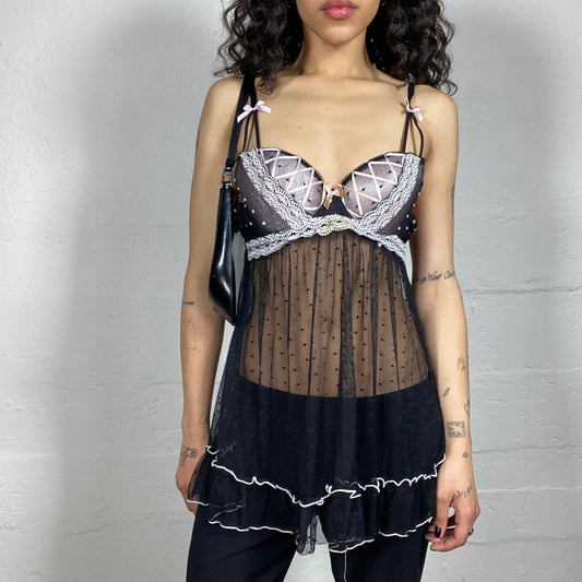 Vintage 2000's Coquette Black and Pink Mesh Polka Dot See Through Dress/Top with Embroidery Decorated Bra (S/M)