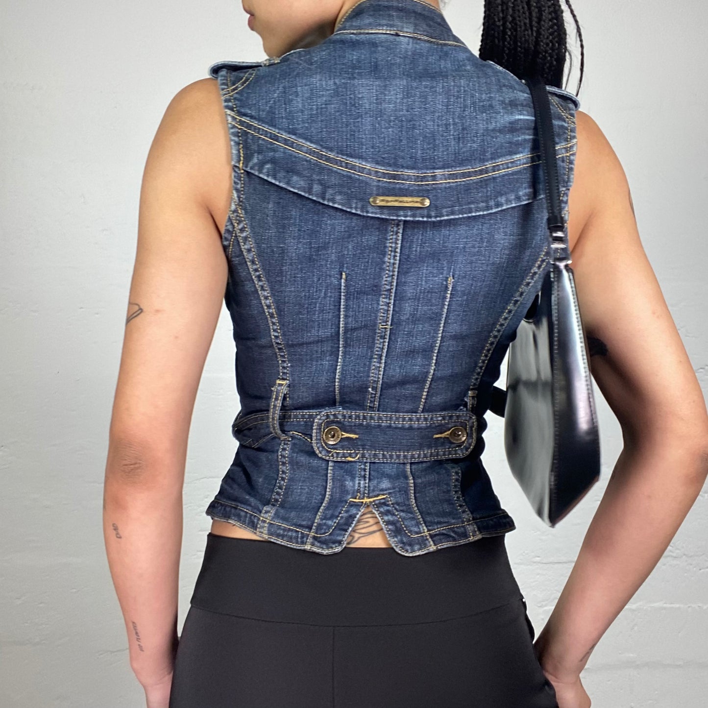 Vintage 2000's Downtown Girl Dark Blue Denim Zip Up Vest with Waist Binding and Layering Details (M)