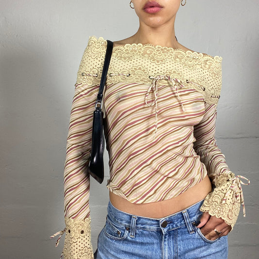 Vintage 2000's Romantic Baroque Beige and Light Brown Off Shoulder Lace Decorated Top (S)