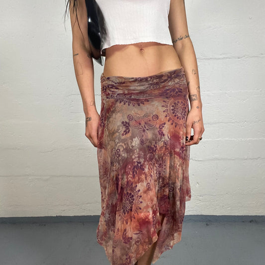 Vintage 2000's Boho Girl Dirty Pink and Purple Toned Printed Layered Chiffon Midi Skirt with Free Bottom Trim (S)