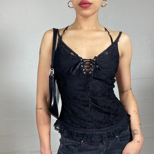 Vintage 2000's Grungy Black Lace Cami Top with Bra Lacing (S)
