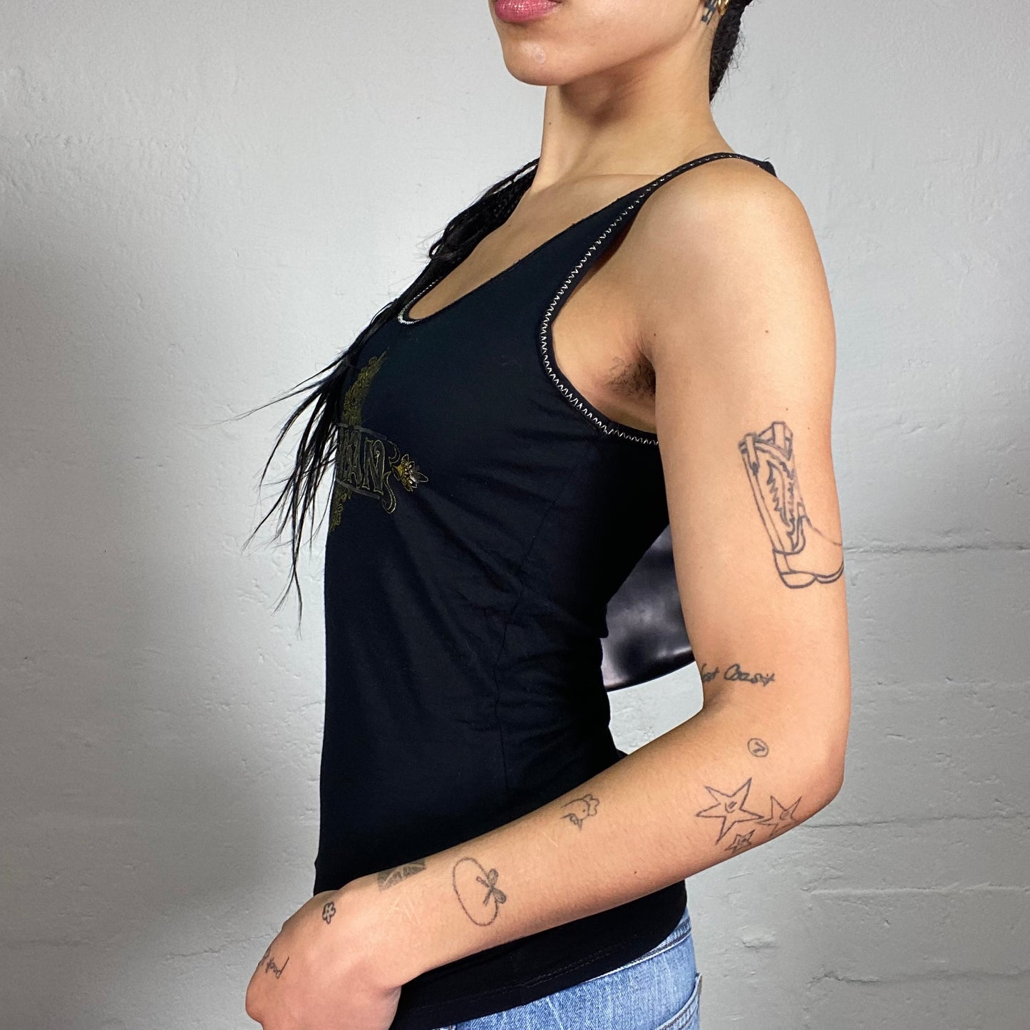 Vintage 2000's Archive Morgan Black Tank Top with Golden Shiny Logo Print and Matching Trim (S)