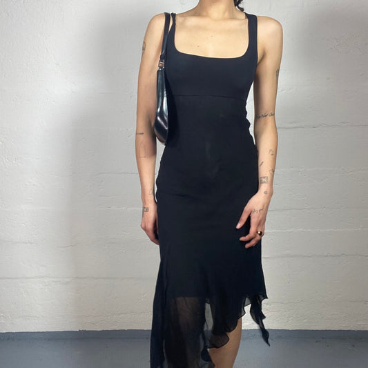 Vintage 2000's Perfect Summer Night Out Midnight Black Asymmetric Ruffled Dress with Shiffon Layerings (S)
