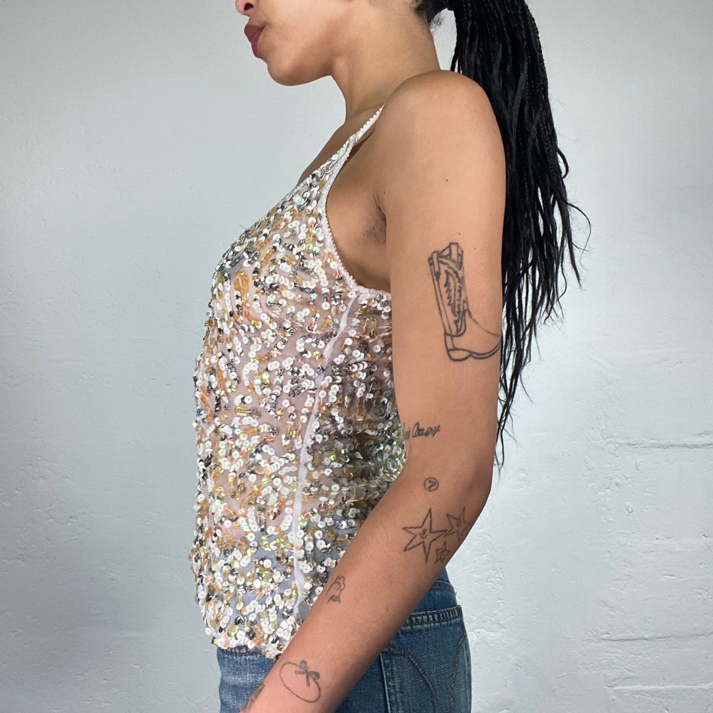 Vintage 2000's Downtown Girl White Asymmetric See Through Cami Top with Sequin Embroidery (S)