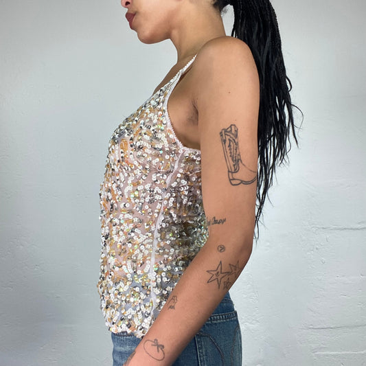 Vintage 2000's Downtown Girl White Asymmetric See Through Cami Top with Sequin Embroidery (S)