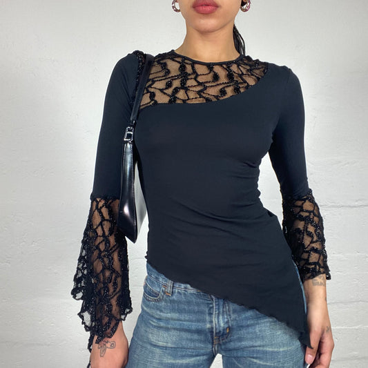 Vintage 2000's Chic Boho Black Asymmetric Mott Top with Sequin Decorated Flare Sleeves (S)