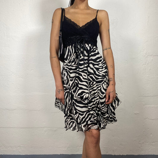 Vintage 2000’s Downtown Girl Black and White Summer Dress with Printed Layered Bottom (S)