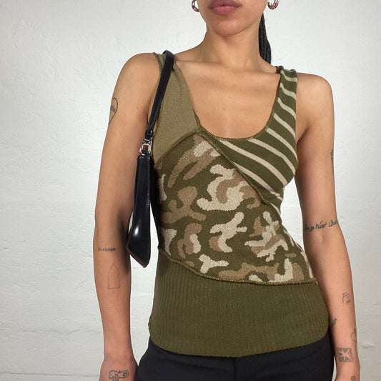 Vintage 2000’s Hip Hop Forest Green Jersey Patchwork Tank Top with Camo and Striped Prints (S)