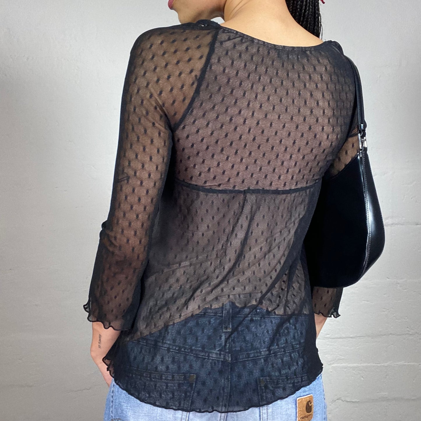 Vintage 2000's Romantic Black Dot Pattern Lace 3/4 Sleeve Top (S)