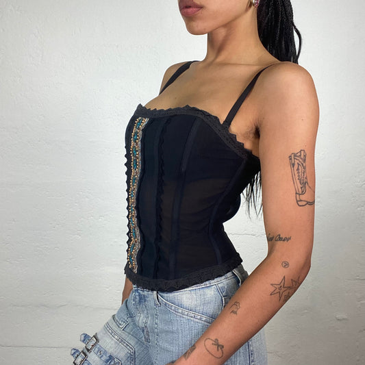 Vintage 2000’s Night Out Black Corset Top with Rhinestone Embroidered Stripe Detail (S)