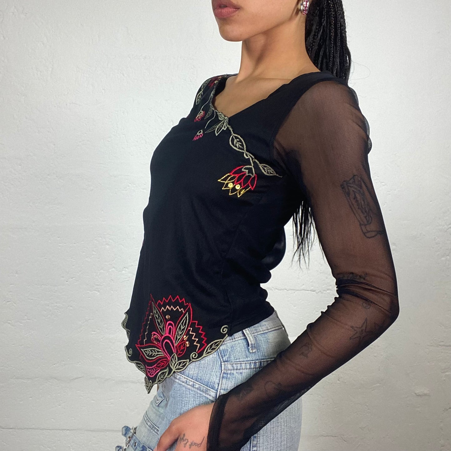 Vintage 2000’s Dark Boho Girl Black Mesh Long Sleeves Asymmetric Too with Floral Embroidery (S)
