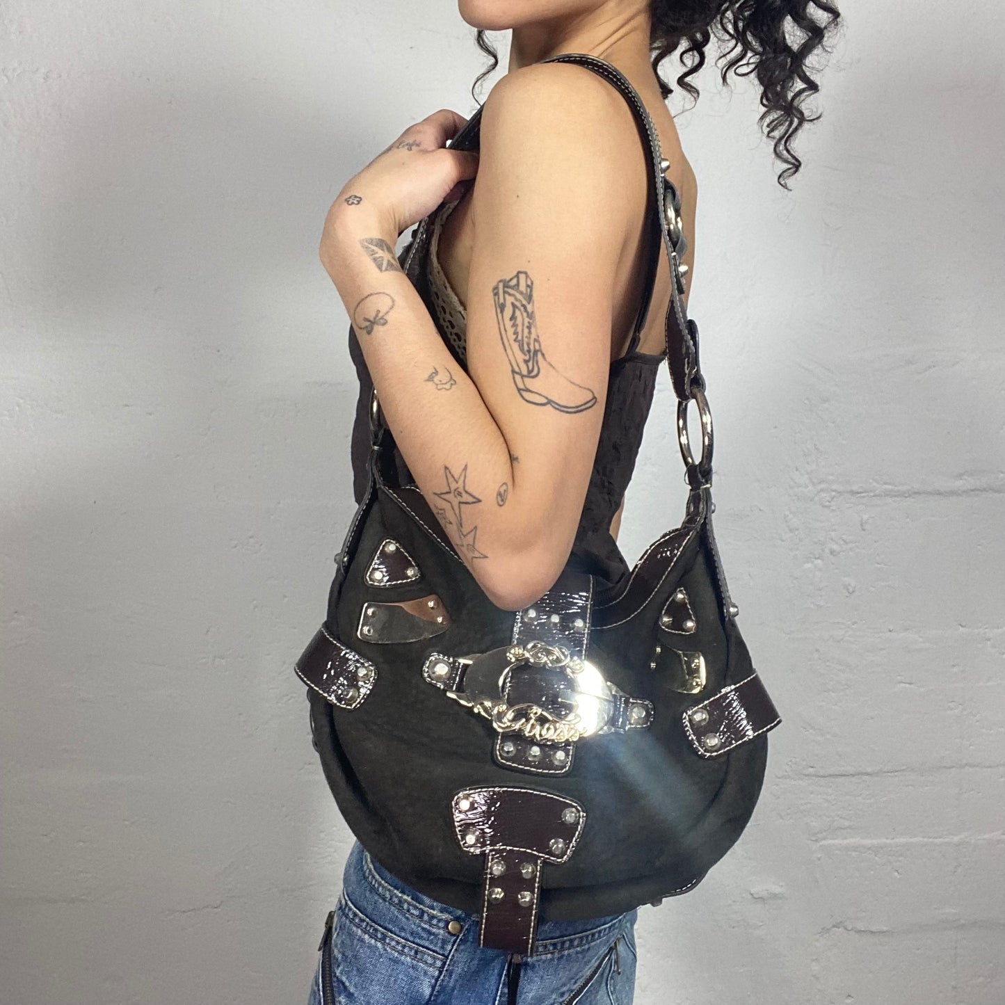 Vintage 2000's Glamorous Guess Brown Glossy Leather and Belts Details Shoulder Bag