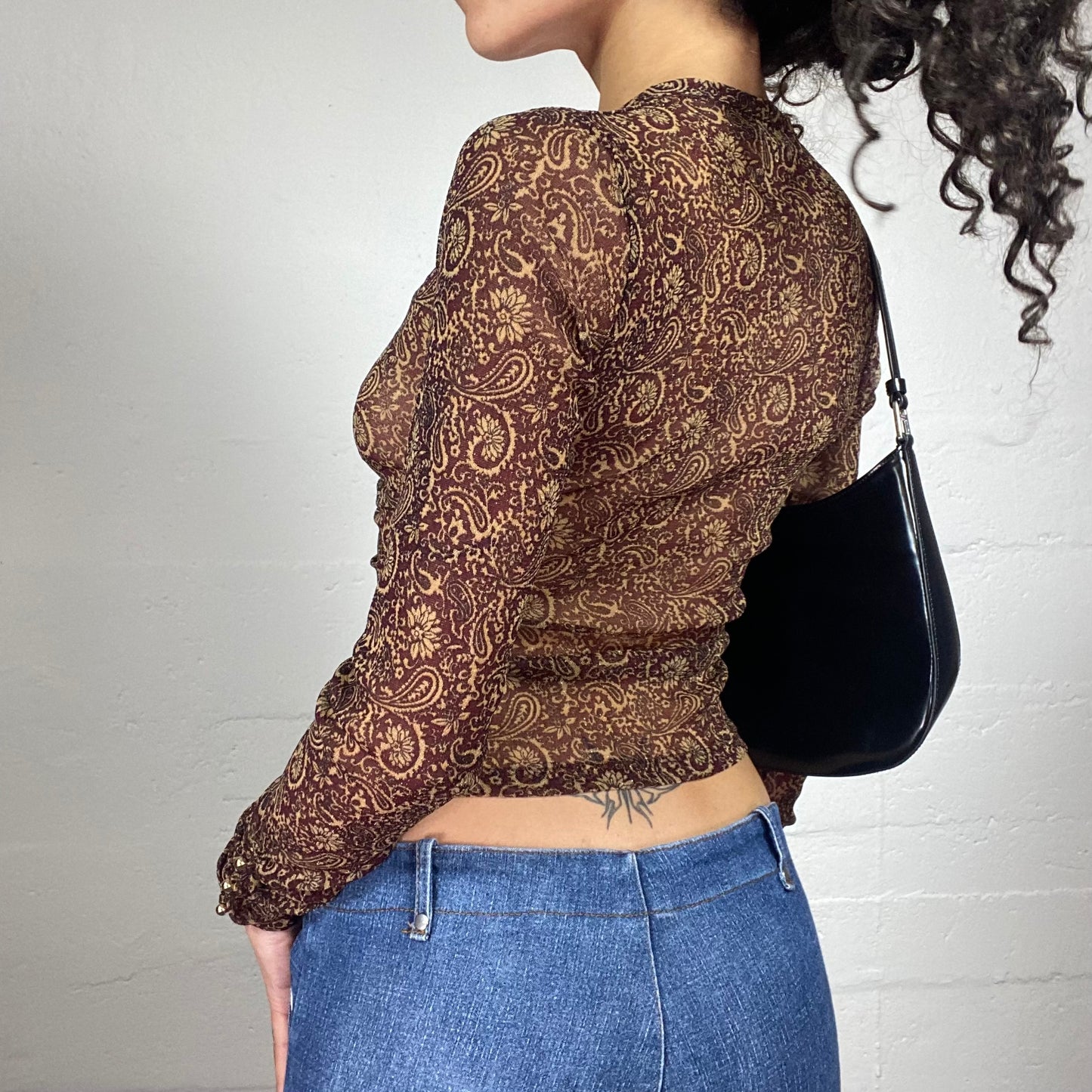 Vintage 2000's Boho Girl Brown Mesh Printed Button Up Longsleeve Top (M)