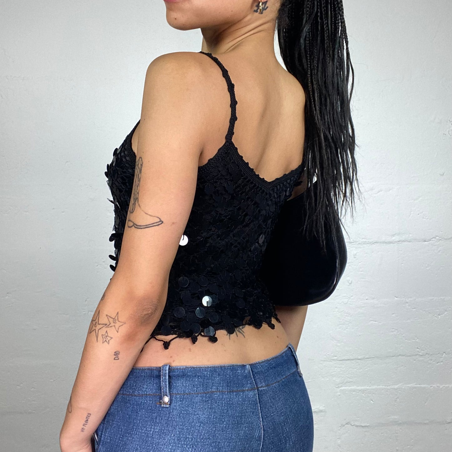 Vintage 2000's Clubwear Glamorous Black Sequin Net Effect Cami Top (S)