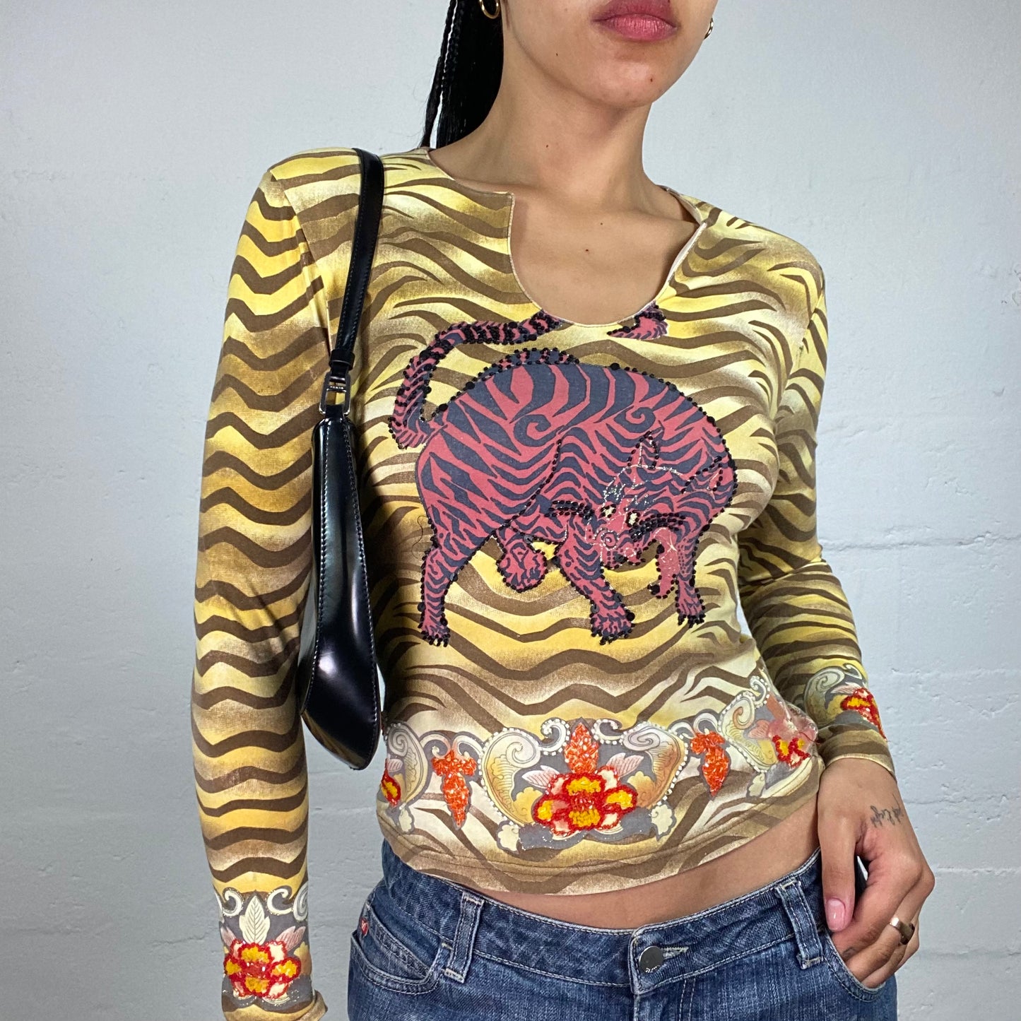 Vintage 2000's Cheetah Girl Multicoloured Longsleeve Cartoon Style Animal Printed Top (S)