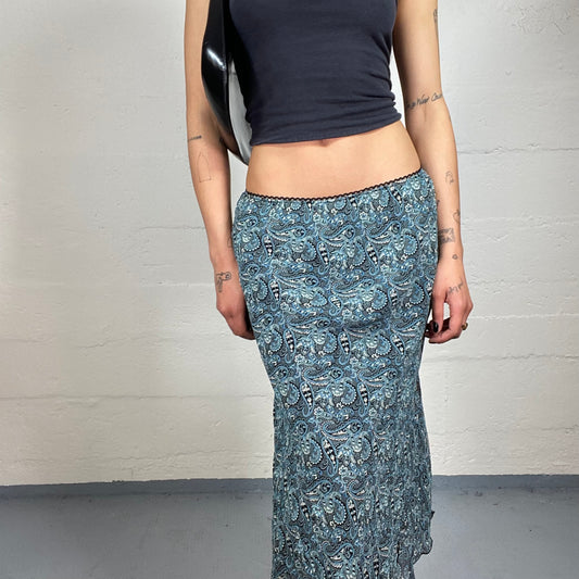 Vintage 2000's Romantic Blue Boho Style Printed Chiffon Midi Skirt (S)