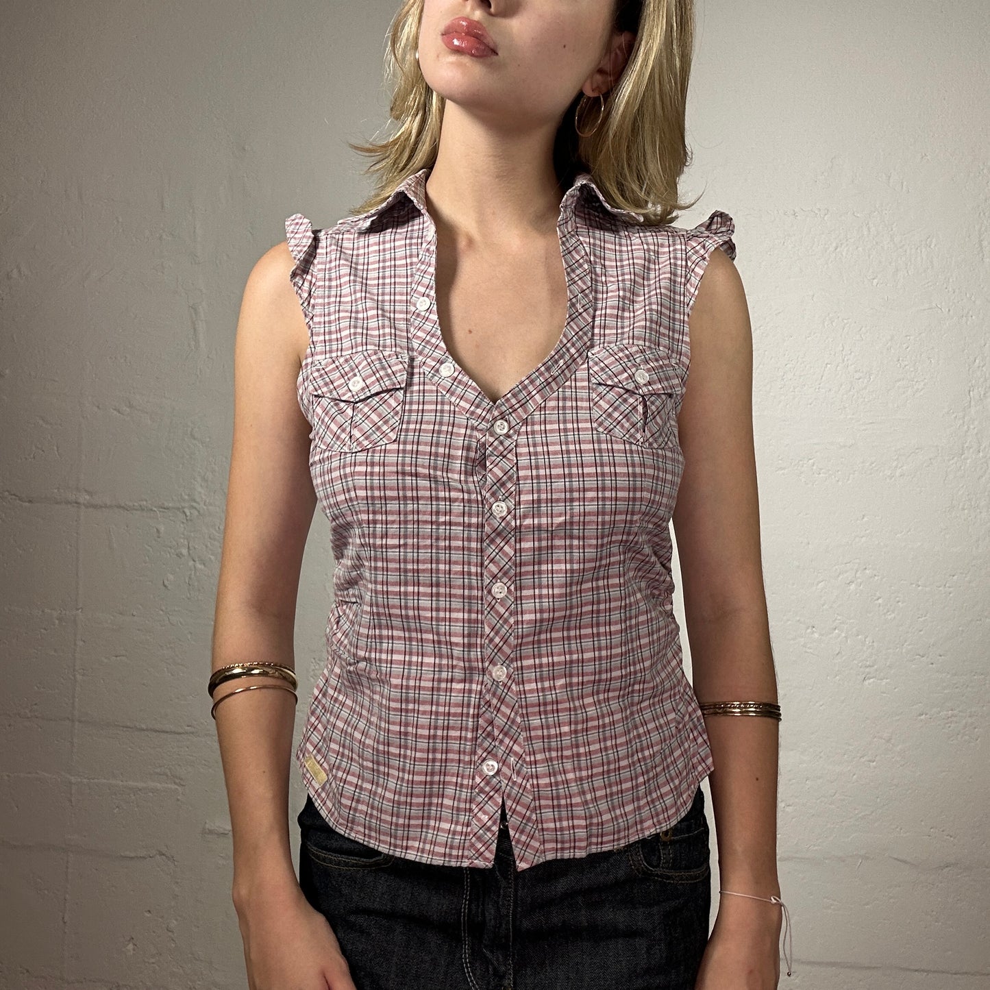 Vintage 2000's Cute Office Girl Pink Toned Checkered Sleeveless Button Up Shirt (S)