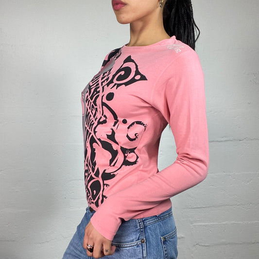 Vintage 2000's Downtown Girl Bubblegum Pink Longsleeve Top with Black and Shimmery Typography Print (L)