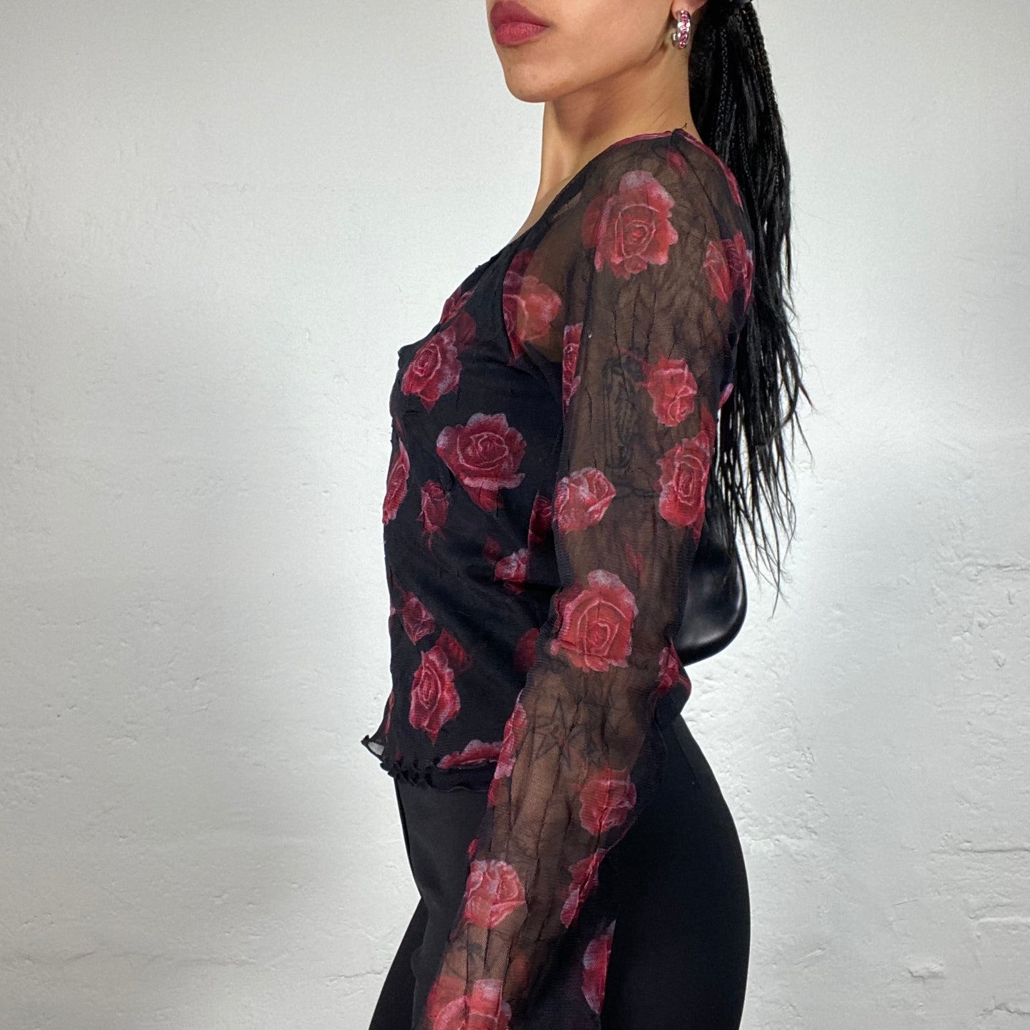 Vintage 2000's Romantic Black Chiffon Longsleeve Top with Red Roses Print (S)