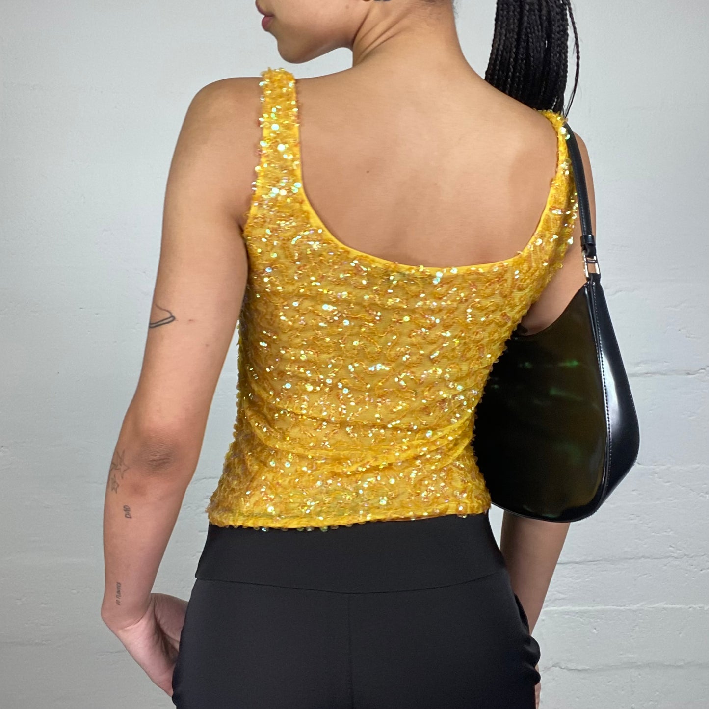 Vintage 2000's Funky Clubwear Yellow Sequin Decorated Tank Top (S)