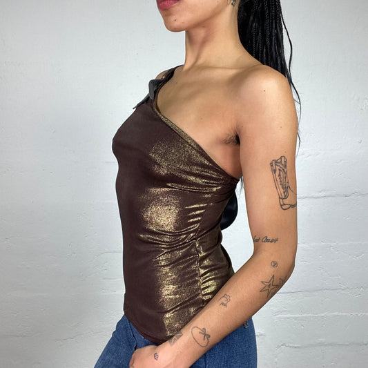 Vintage 2000's Glamorous Bronze Shiny One Shoulder Asymmetric Top with Shoulder Stripe Belt Detail (M)