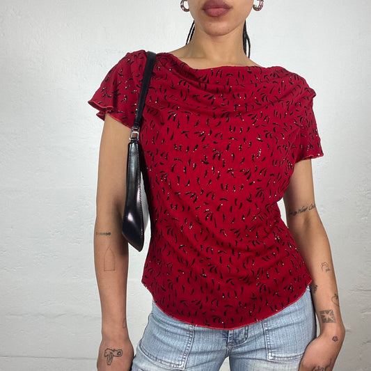Vintage 2000’s Romantic Red Draped Short-Sleeved Top with Black Drops Print and Shiny Silver Details (M)