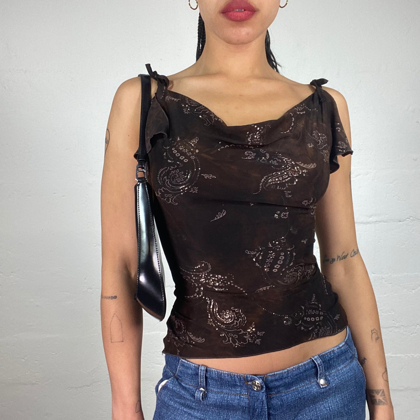 Vintage 2000's Romantic Chiffon Brown Cami Top with Silver Glitter Print (S)