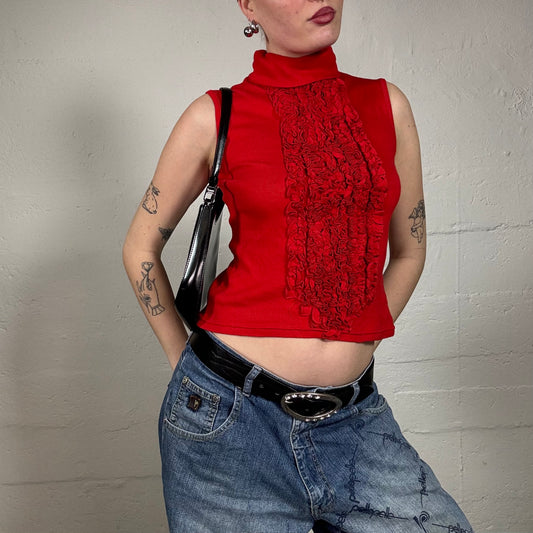 Vintage 2000's Model off Duty Red Turtleneck Top with Frilled Front (S)