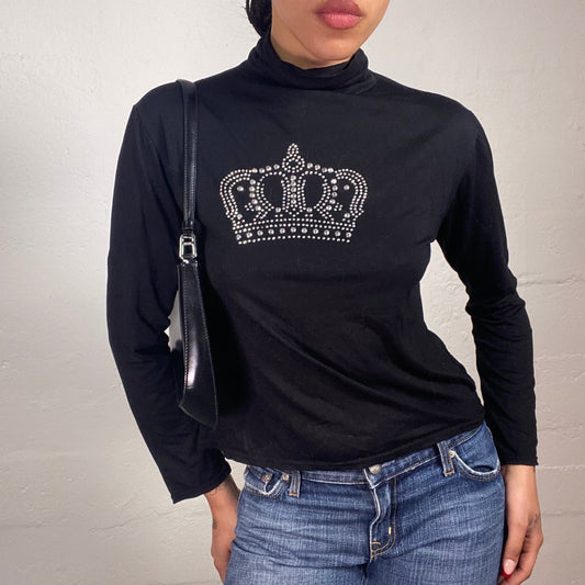 Vintage 2000's Night Out Black Longsleeve Turtleneck Top with Crown Rhinestone Embroidery (M/L)