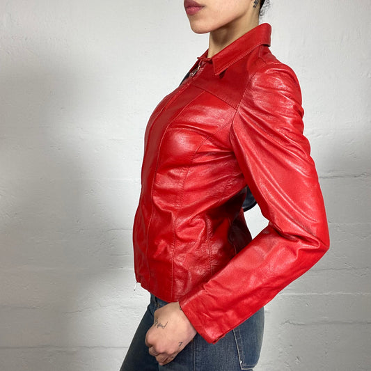 Vintage 2000's Femme Fatale Blood Red Leather Zip Up Jacket (S)