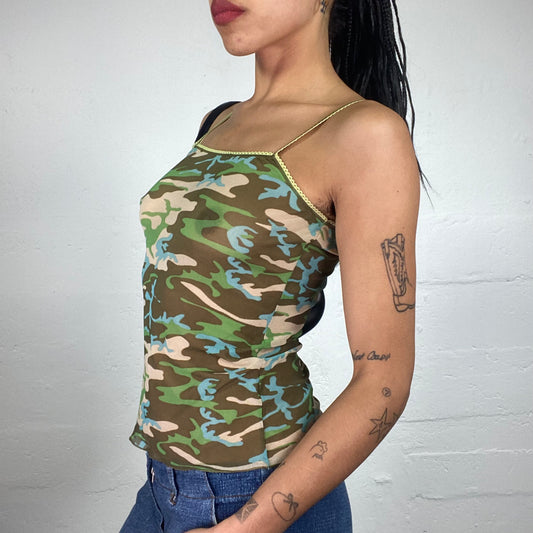 Vintage 2000's Skater Girl Mesh See Through Green Toned Camo Cami Top (S)