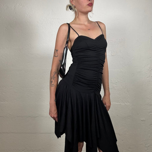 Vintage 2000's Ballerina Black Mini Dress with Asymmetrical hem and Scrunch Corset Style Detail (S)