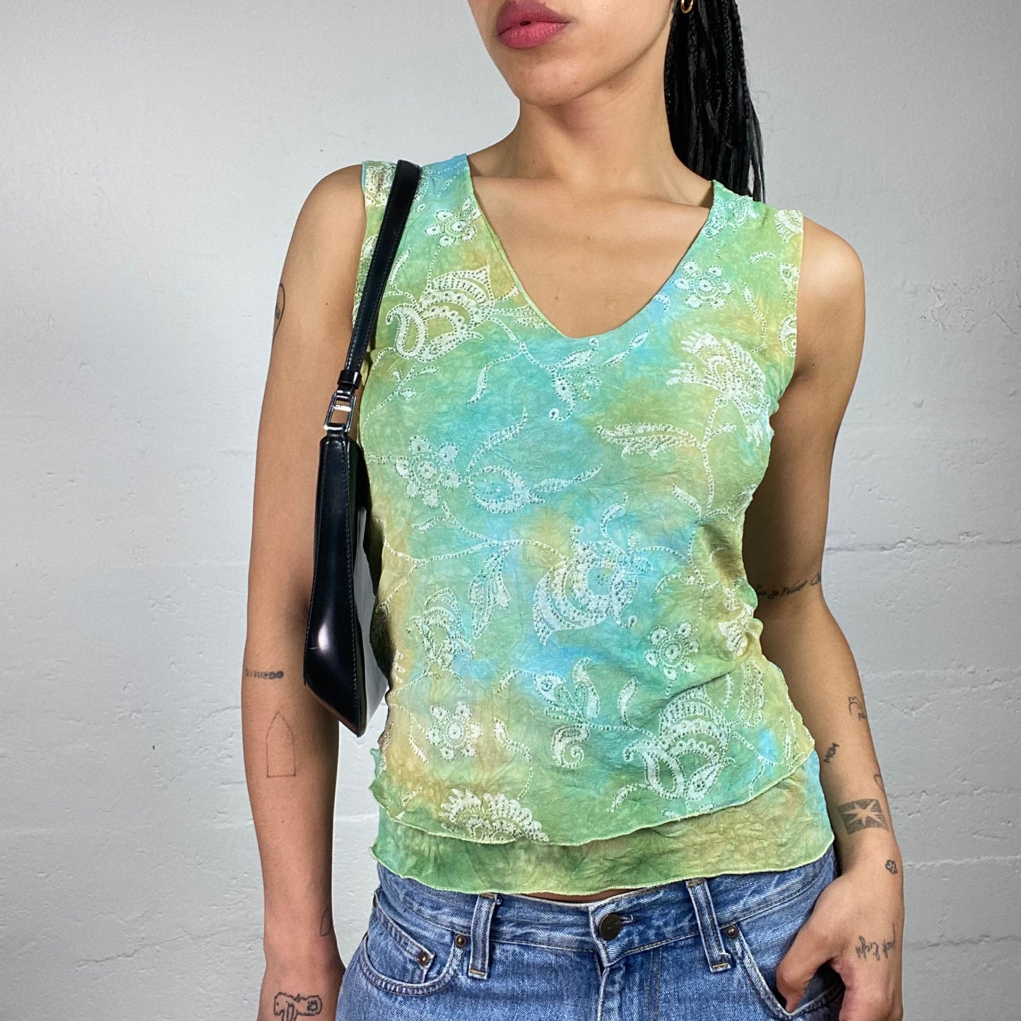 Vintage 2000's Boho Girl Blue and Green Tie Dye Layered White Printed Top (M)