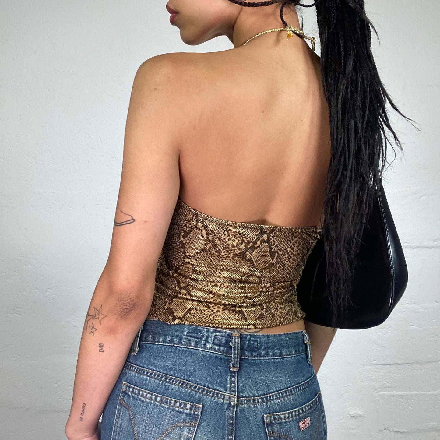 Vintage 2000's Glam Golden Shiny Snake Skin Print Neckholder Top (S)