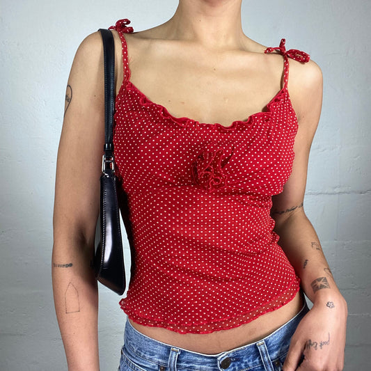 Vintage 2000's Romantic Red Chiffon Cami Too with White Polka Dot Print and Rose Detail (S)
