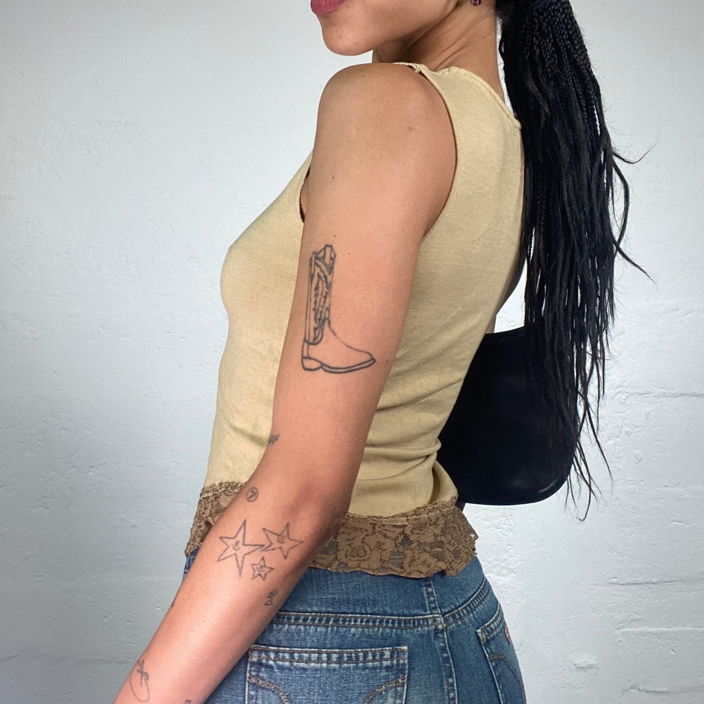 Vintage 2000's Downtown Girl Beige Tank Top with Animal White Print and Coffee Colour Lace Trim (S)