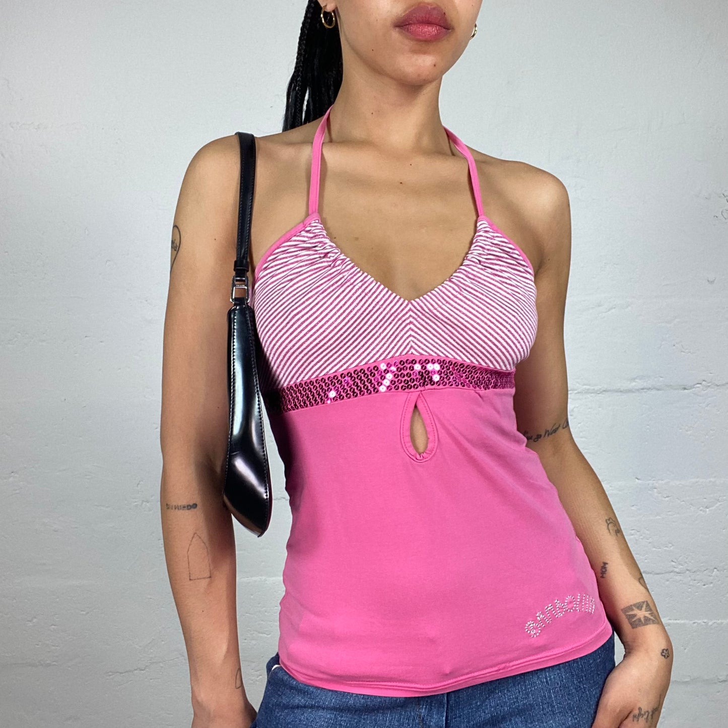 Vintage 2000's Paris Hilton Style Clubwear Hot Pink Neckholder Top with Sequin Band (S)