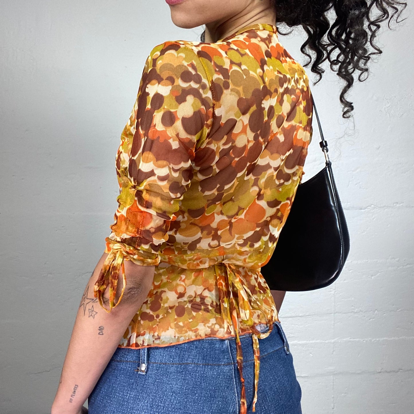 Vintage 2000's Summer Chiffon Printed Wrapped Up 2/4 Sleeve with Sleeve Rubber Sleeve Detail (L)