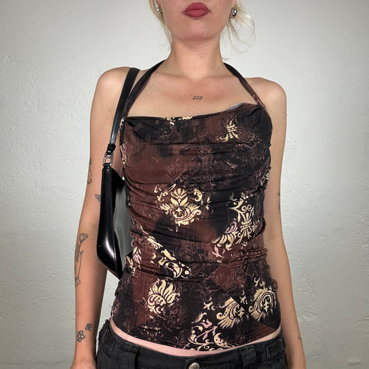 Vintage 2000's Boho Girl Brown and Beige Fading Colour Print Top (M)