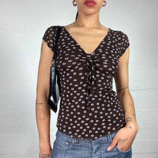 Vintage 2000's Soft Girl Brown Tiny Kisses White Print V-Cut Top with Middle Binding (S)