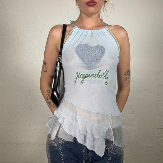 Vintage 2000's Ballerina Baby Blue Top with Green Sequins, Denim Heart Print and Chiffon Trim (S)