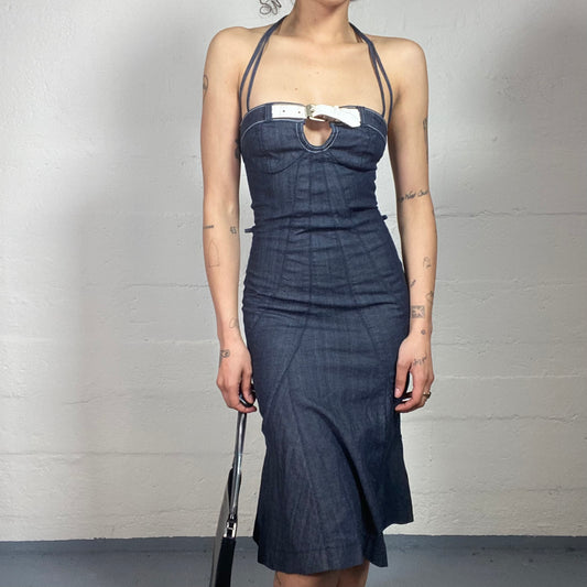 Vintage 2000's Miss Sixty Coffee Date Classy Denim Midi Dress with White Belt Detail (S)